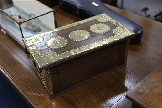 An unusual small brass mounted Zanzibar chest or work box, 18in.